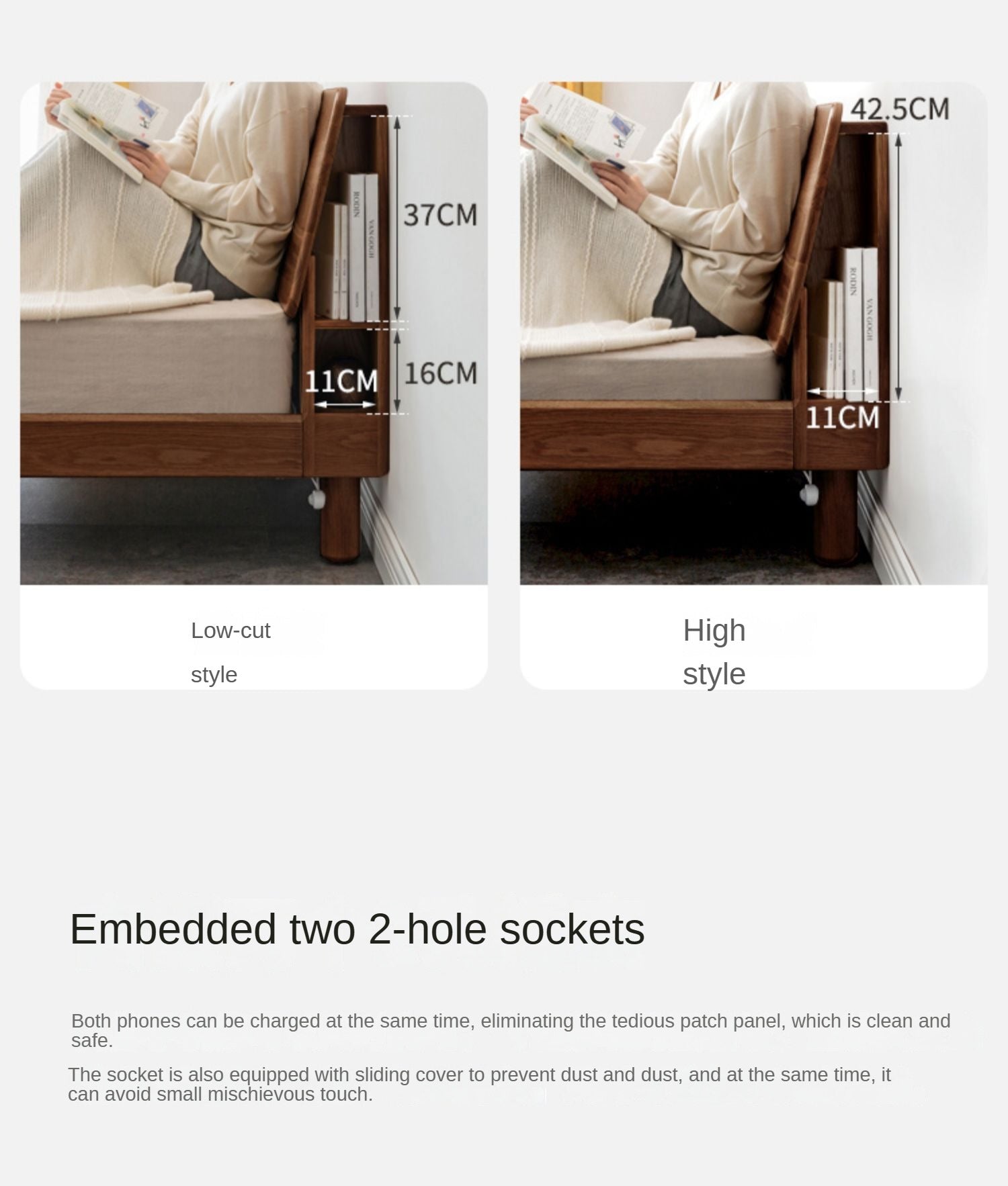 Oak Solid Wood Bed with Light, Storage Space