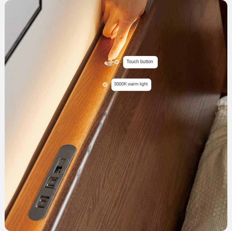 Oak Solid Wood Bed with Light, Storage Space