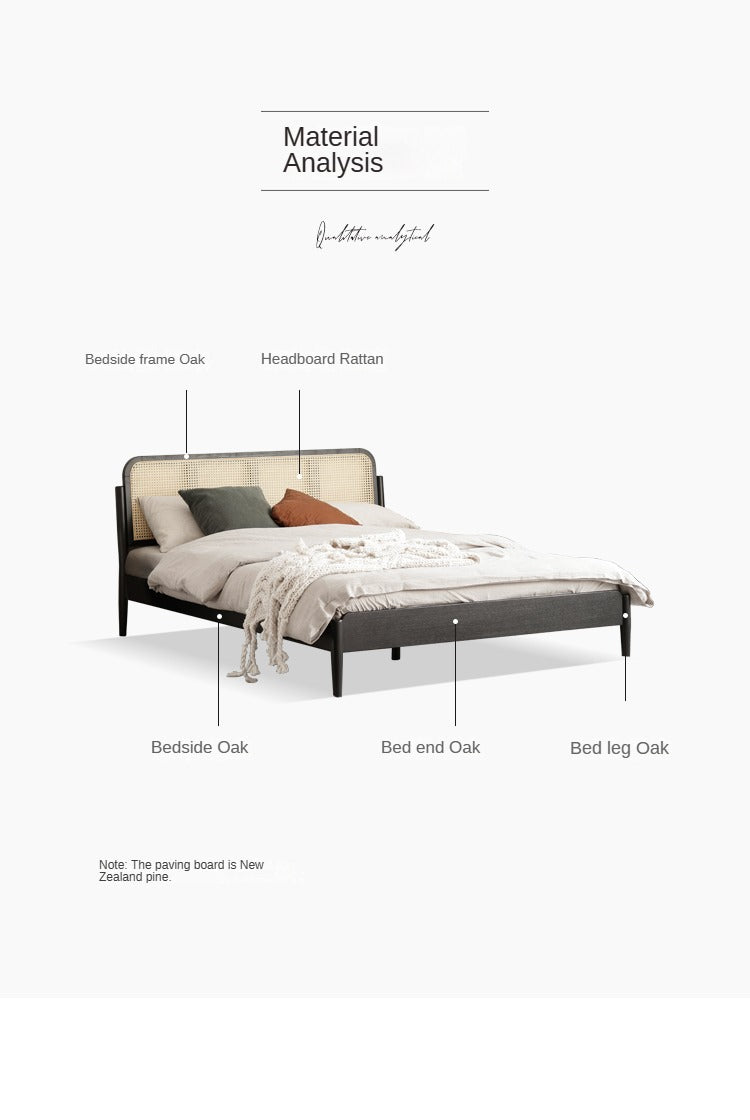 Black Rattan Oak solid wood bed"