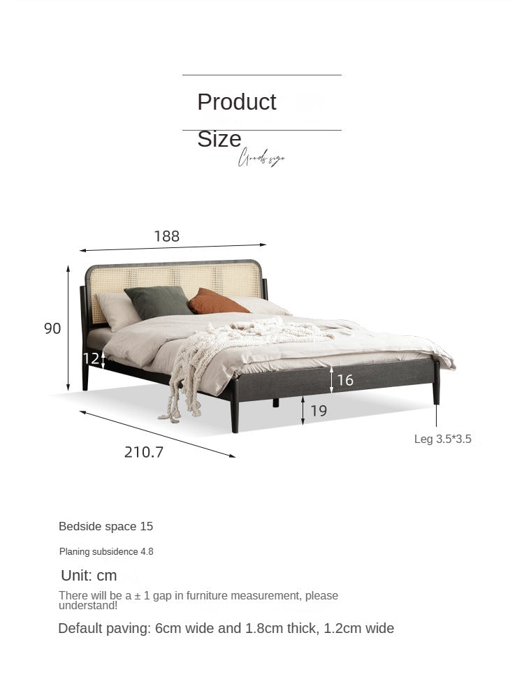 Black Rattan Oak solid wood bed"
