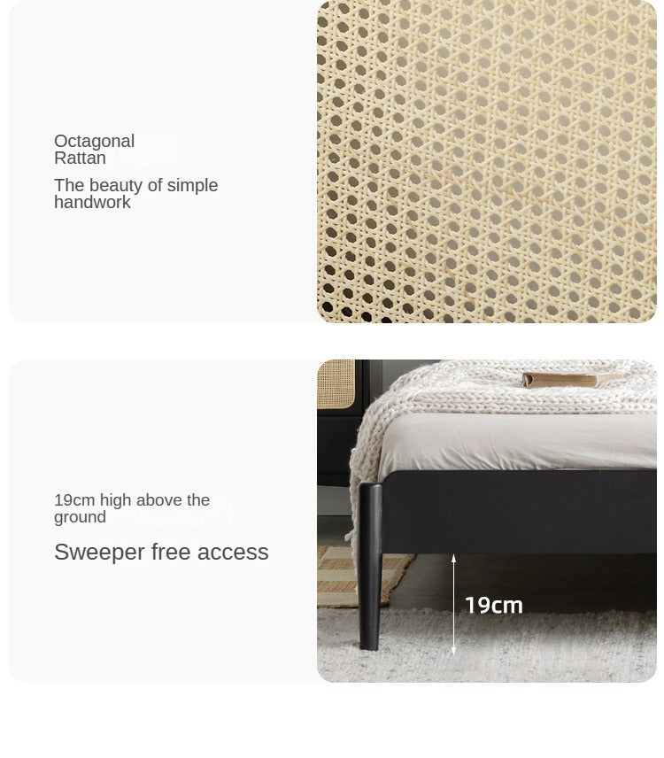 Oak Solid Wood Black Rattan bed