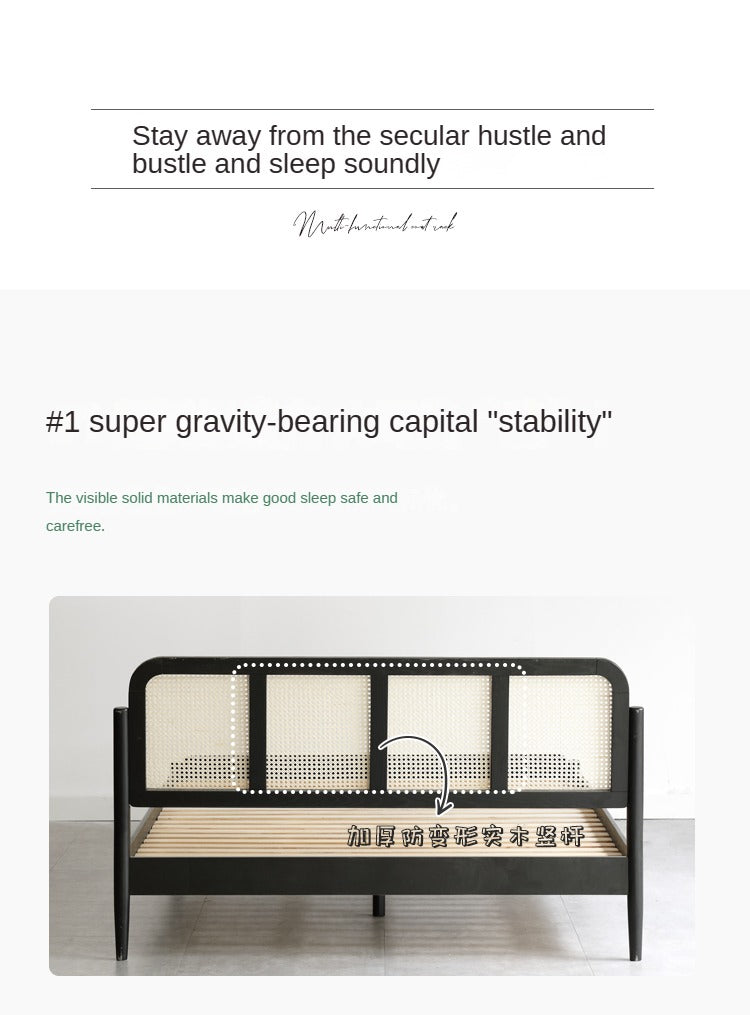 Black Rattan Oak solid wood bed"