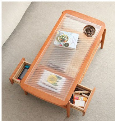 Cherry Solid Wood Coffee Table Glass, Rattan