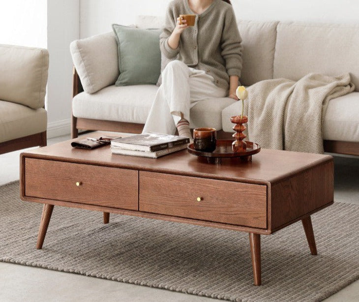 Oak Solid Wood Double-Sided Four-Drawer Coffee Table