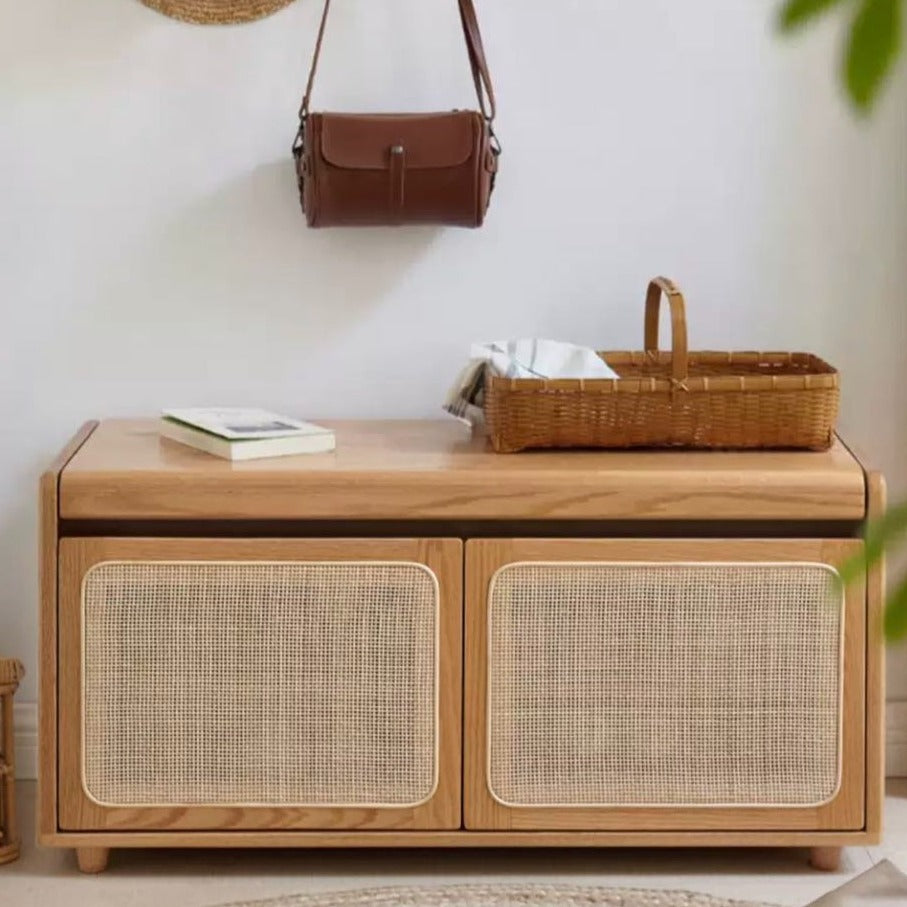 Oak Solid Wood Rattan Shoe Storage Bench