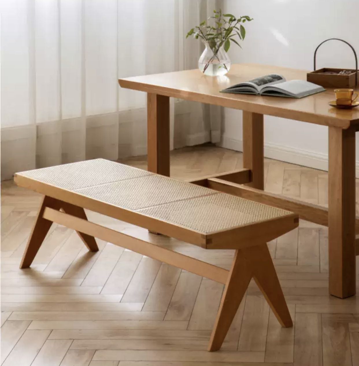 Cherry Solid Wood Rattan Retro Dining Bench