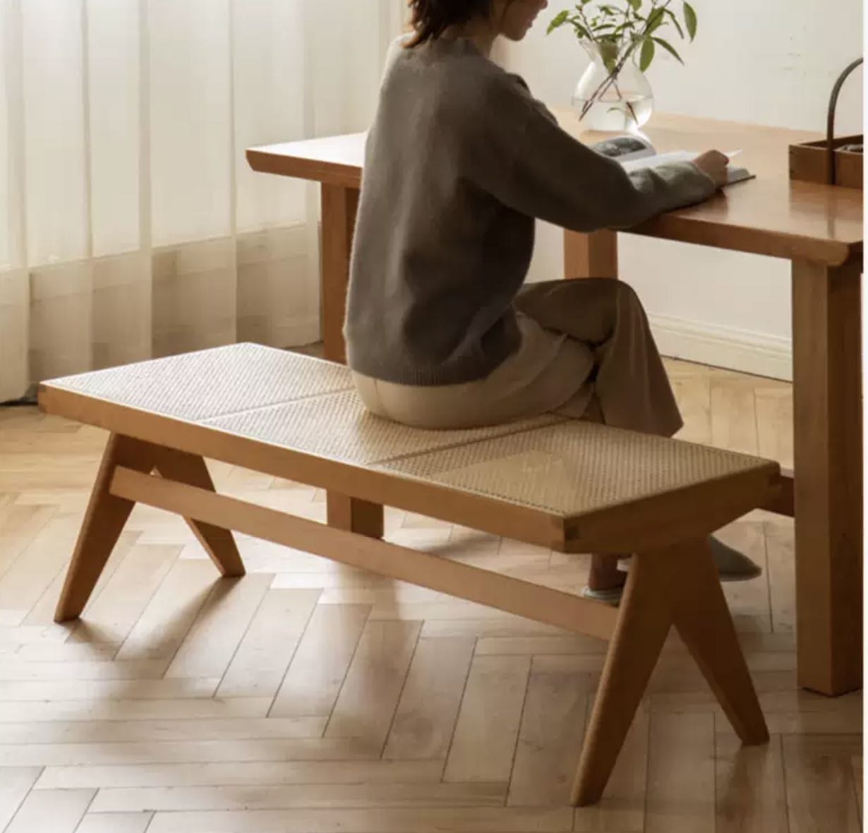 Cherry Solid Wood Rattan Retro Dining Bench