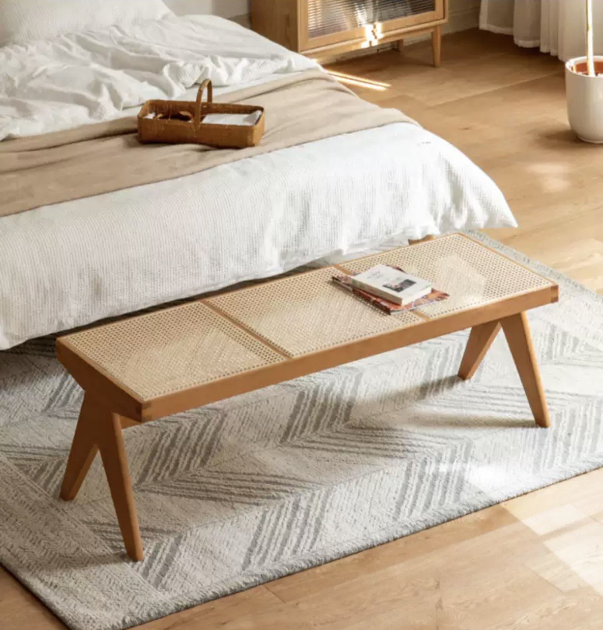 Cherry Solid Wood Rattan Retro Dining Bench
