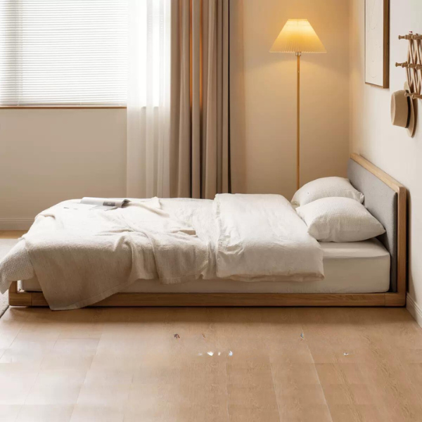Ash Solid Wood Floor Bed Rattan