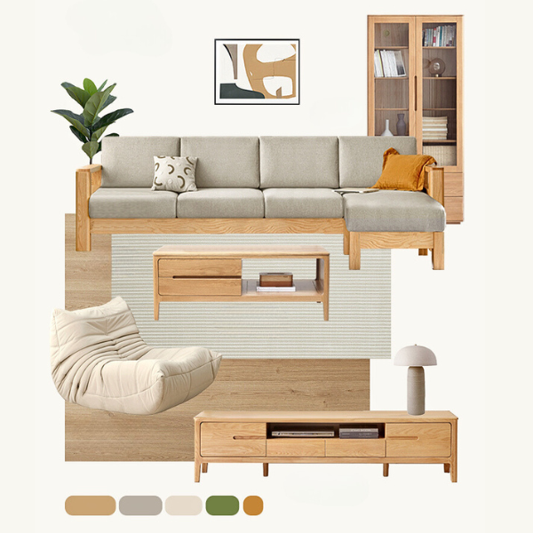 Solid Rubberwood, Oak Solid Wood Cotton Fabric Sofa