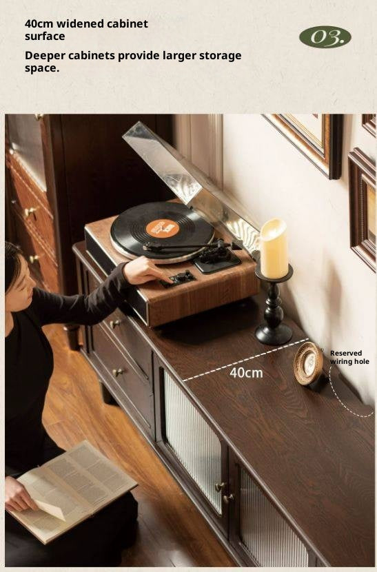 Ash Solid Wood Vintage TV Console with Fluted Glass Doors
