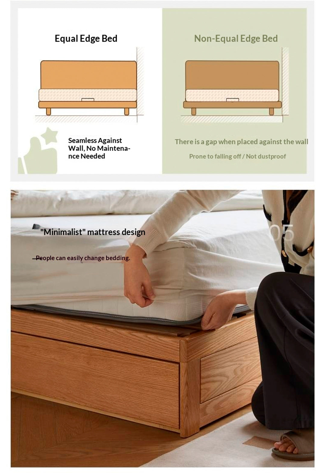 Oak, Ash, Rubberwood Solid Wood Box Bed, Platform Box Bed, Headboard-Free Bed