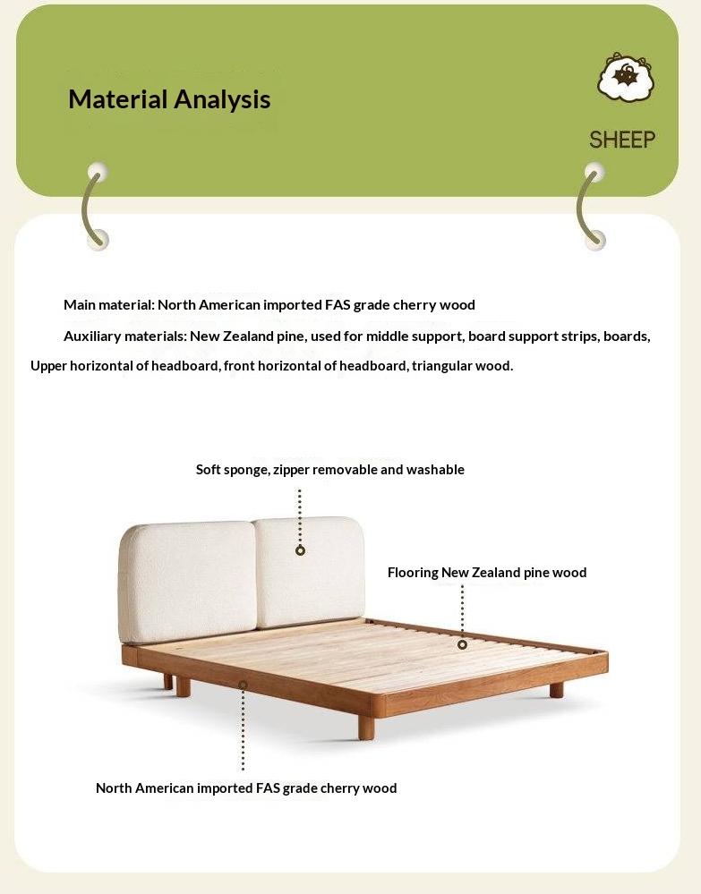 Cherry Solid Wood Upholstered Bed — Platform Bed, Headboard-Free Bed Floor Style, Simple Floating Bed