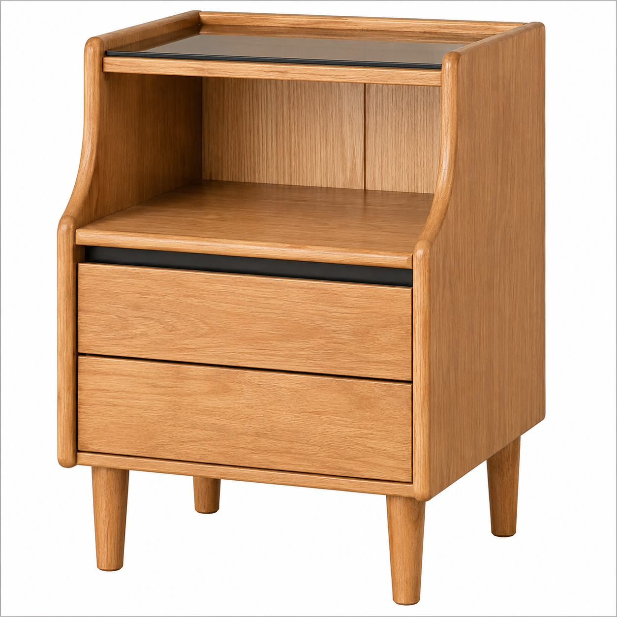 Oak Solid Wood, Solid RubberWood Nightstand with Glass Door with Storage