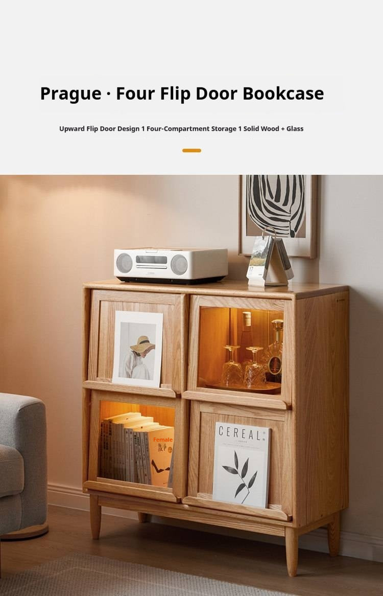 Oak, Сherry, Ash Solid Wood Four-Door Bookcase with Light, Magazine Cabinet.