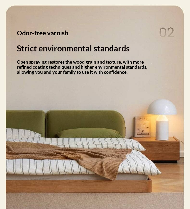 Cherry Solid Wood Upholstered Bed — Platform Bed, Headboard-Free Bed Floor Style, Simple Floating Bed