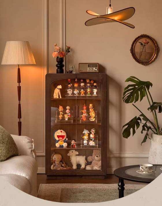 Black Walnut Solid Wood Side Cabinet with LED Lighting and Glass Panels