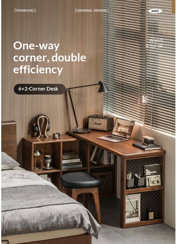 Oak Solid Wood, Solid Rubberwood Telescopic Corner Office Desk