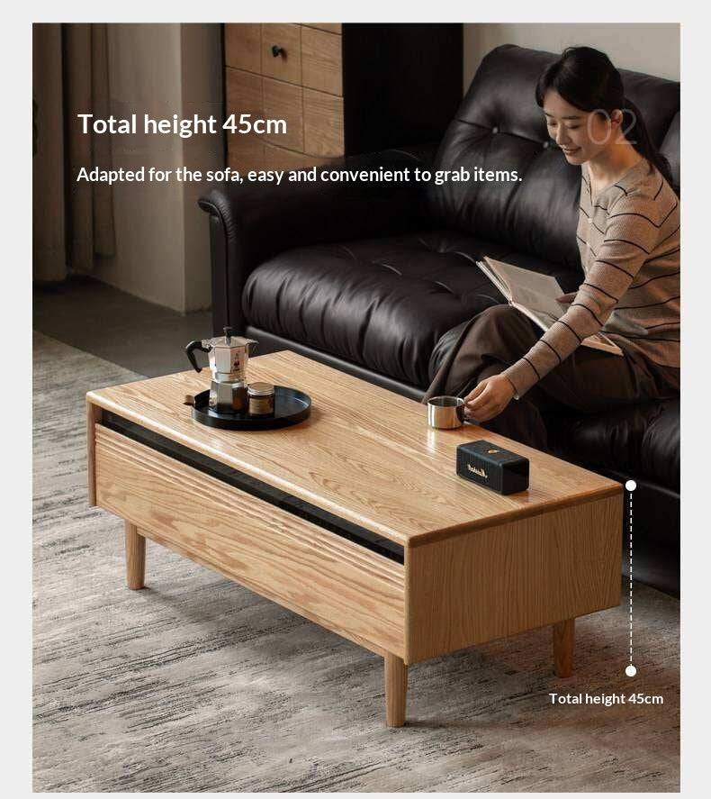 Oak Solid Wood Coffee Table with Integrated Drawer Storage