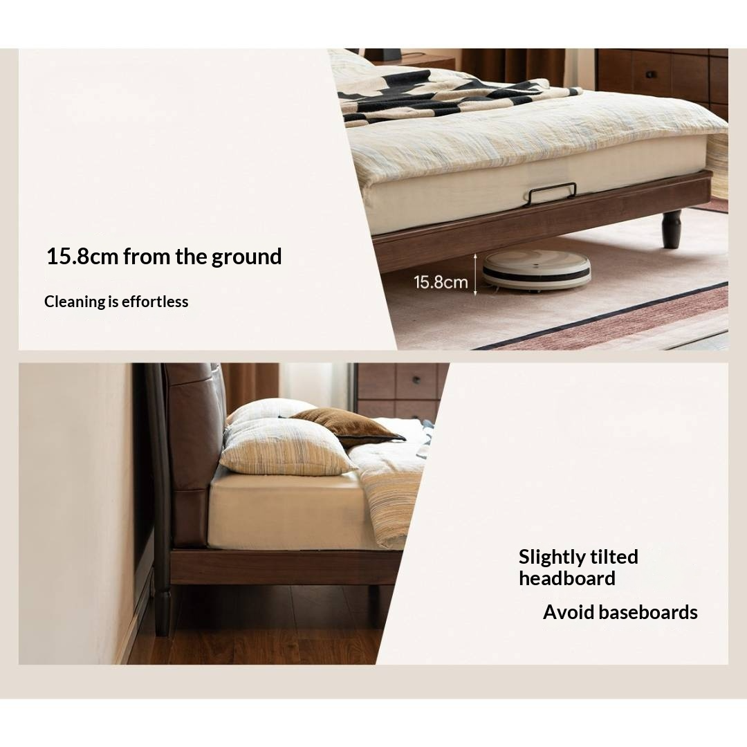 Black Walnut Solid Wood Leather Four Poster Bed with Tufted Headboard