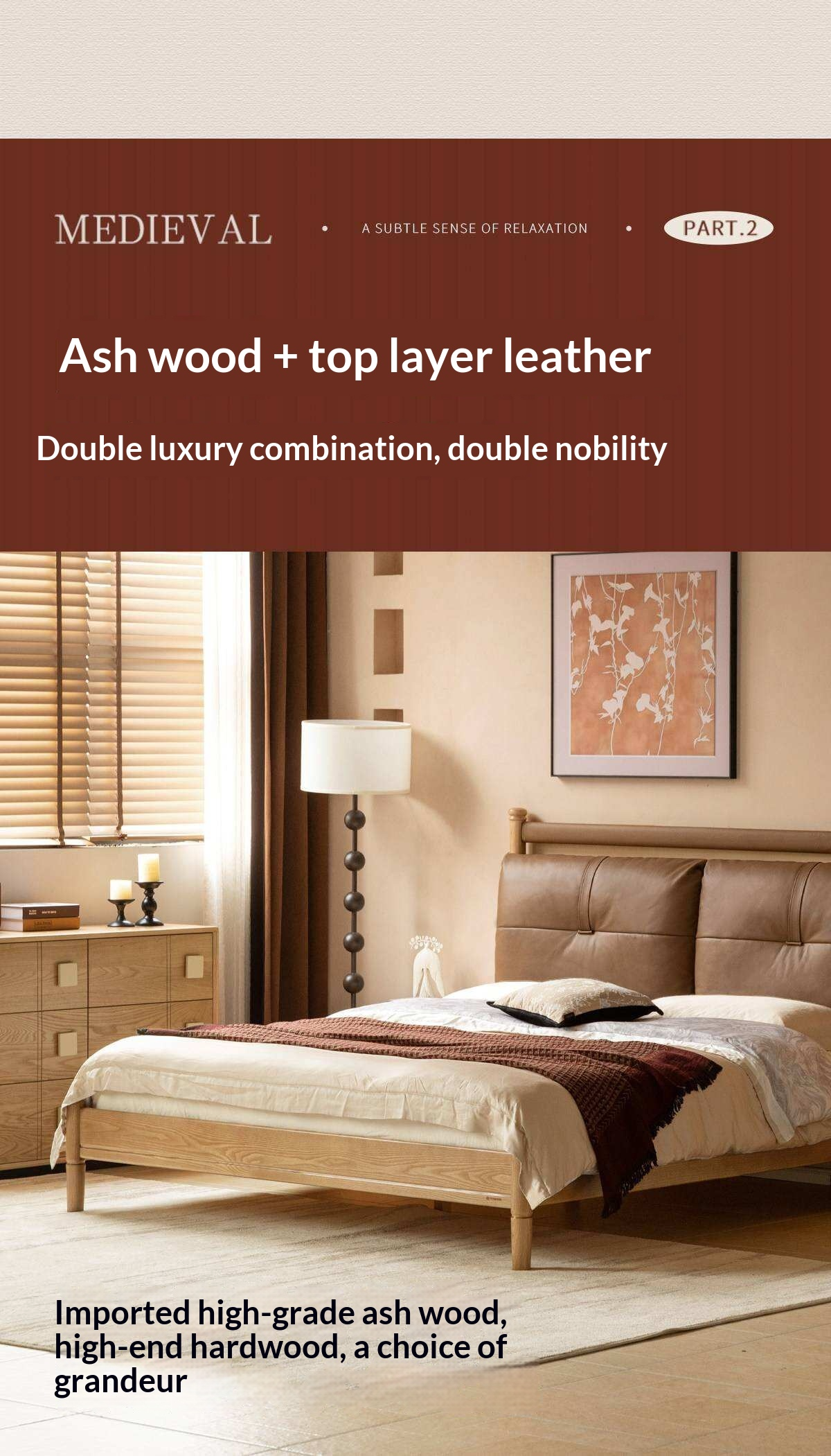 Ash Solid Wood Bed with Plush Genuine Leather Cushioned Headboard