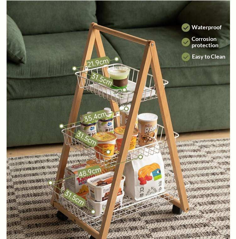Beech Solid Wood Storage Rack with Multi-Layer and Mobile Trolley
