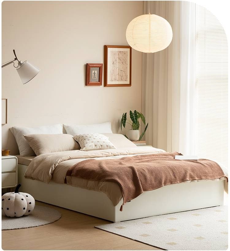 Rubberwood Solid Wood Platform Bed, Headboard-Free Box Bed Cream Style