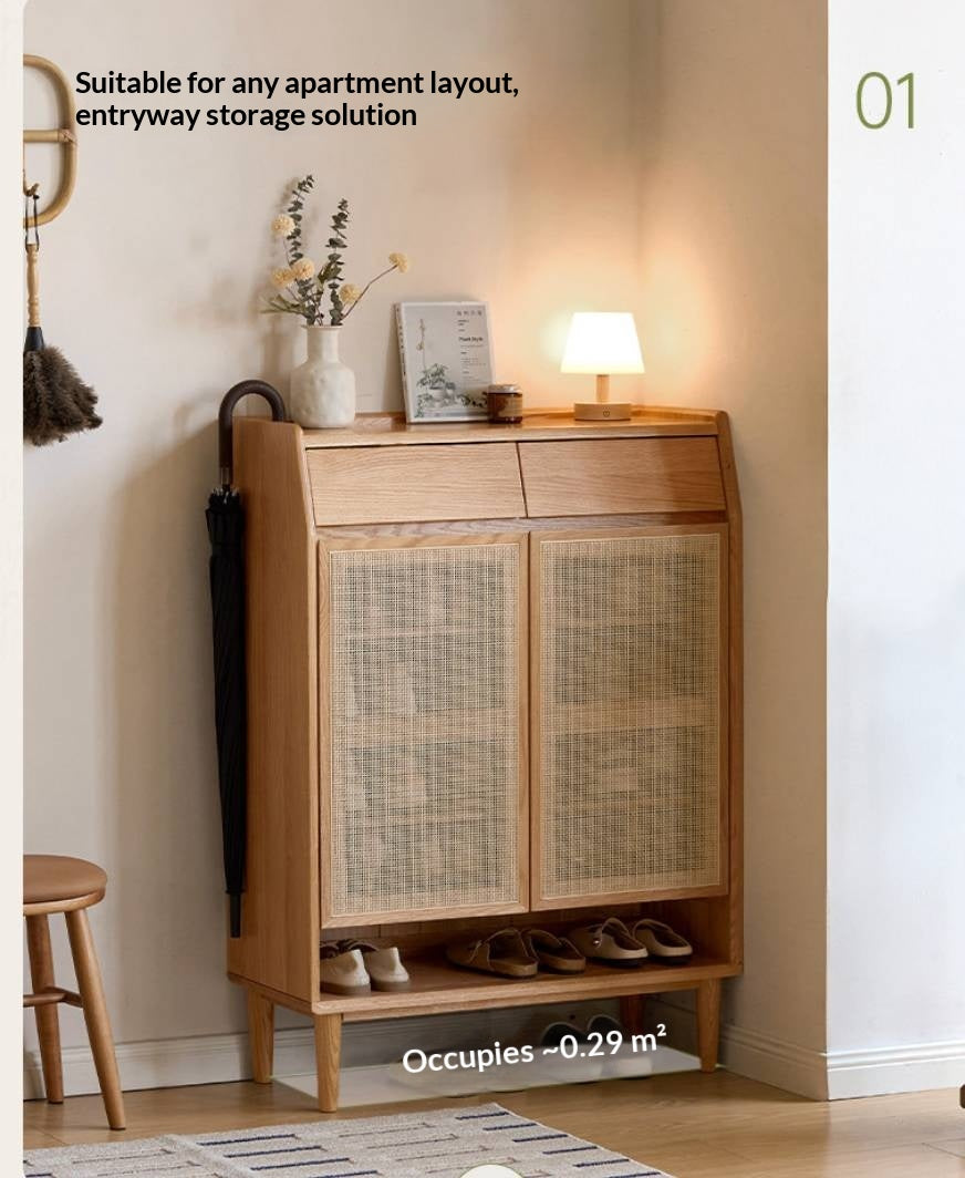 Oak Solid Wood Modern Entryway Shoe Cabinet with Drawers