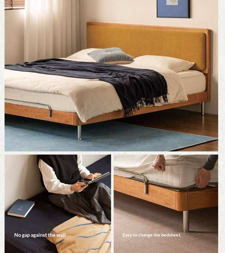 Cherry Solid Wood Bed with Modern Minimalist Design and Genuine Leather Headboard