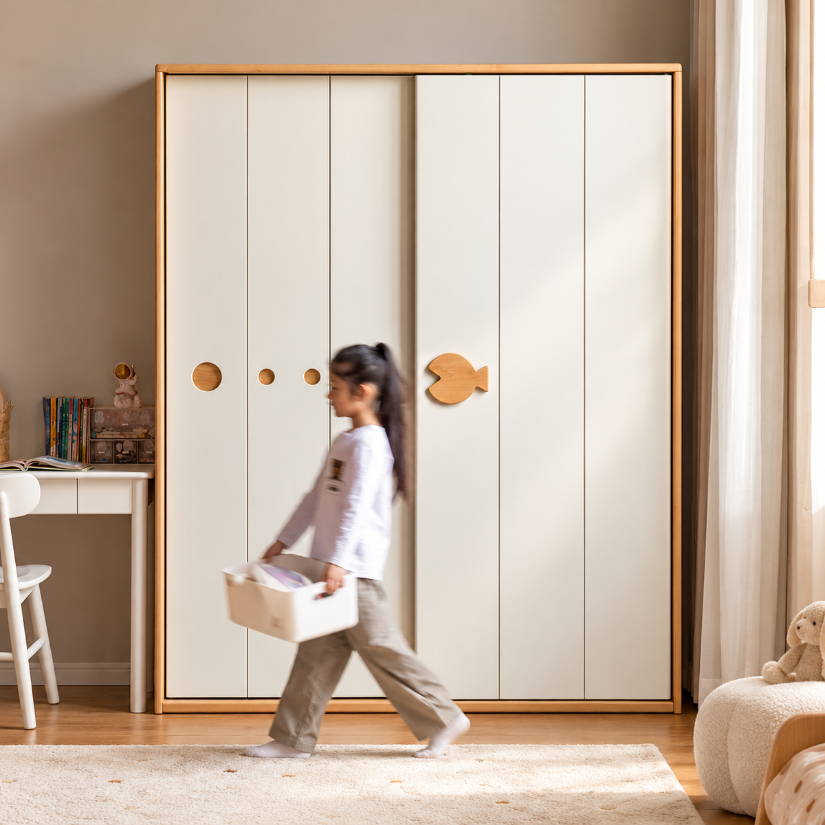 Beech Solid Wood Kids Sliding Door Wardrobe with Adjustable Shelves