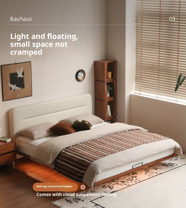 Poplar Solid Wood Floating Soft Bed, Vintage with Light