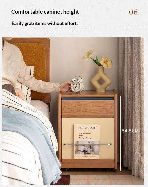 Cherry Solid Wood Nightstand with Storage Drawer and Magazine Holder with Wheels