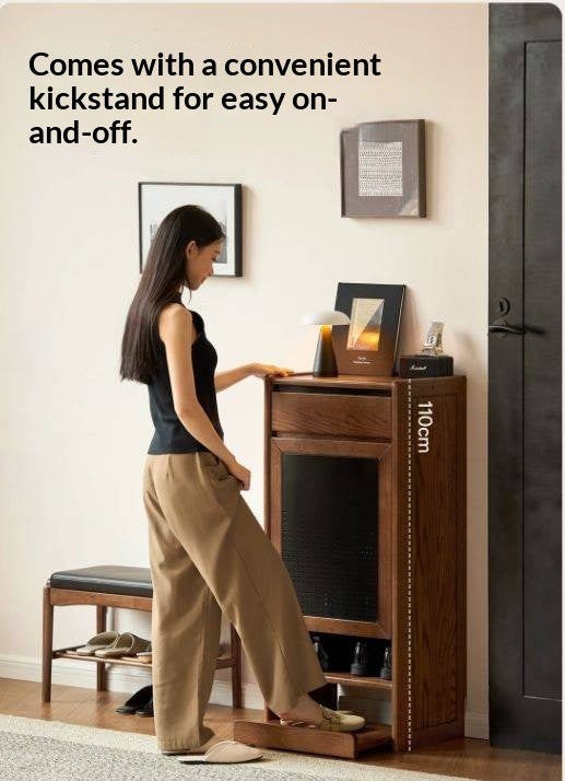 Oak Solid Wood Narrow Shoe Storage Cabinet with Flip-Top Compartment and Perforated Metal Door