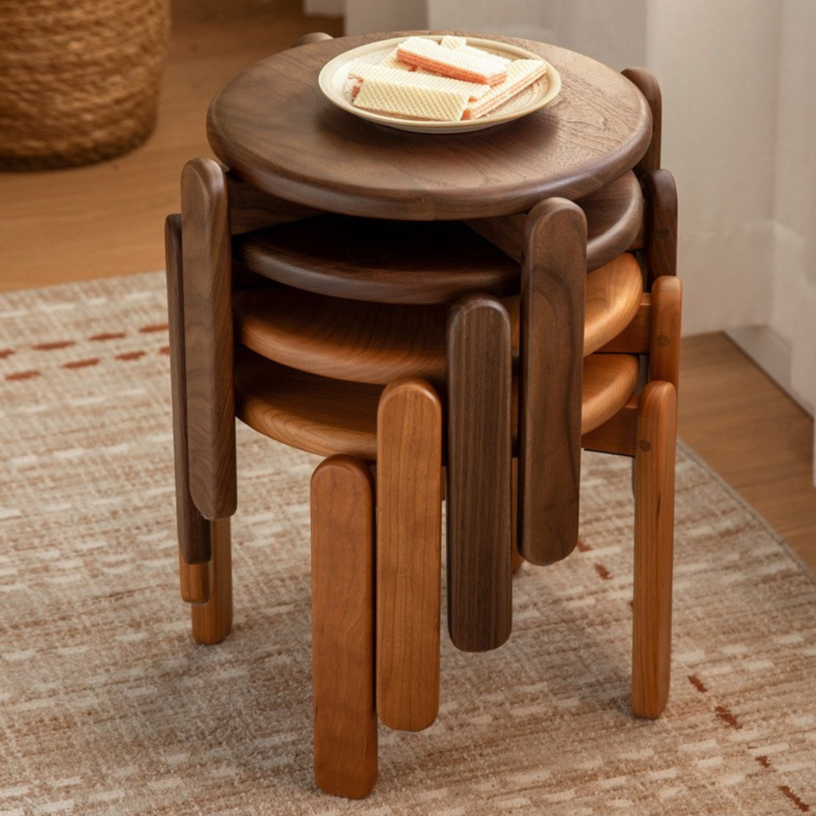 Black Walnut, Cherry Solid Wood Stacked Round Stool