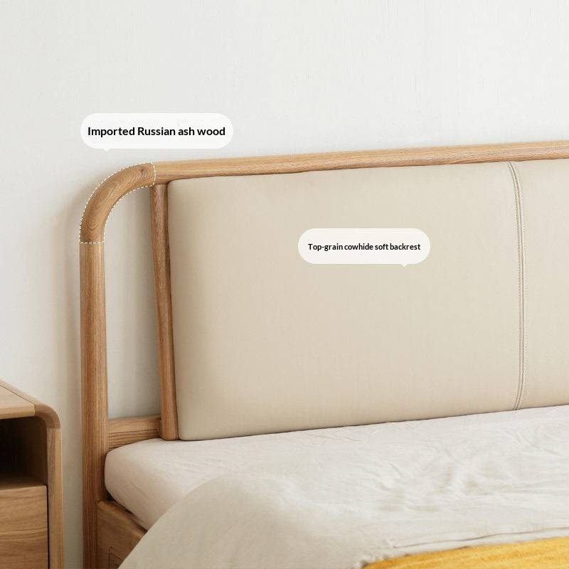 Ash Solid Wood Floor Bed — Modern Minimalist, High Box Design with Genuine Leather