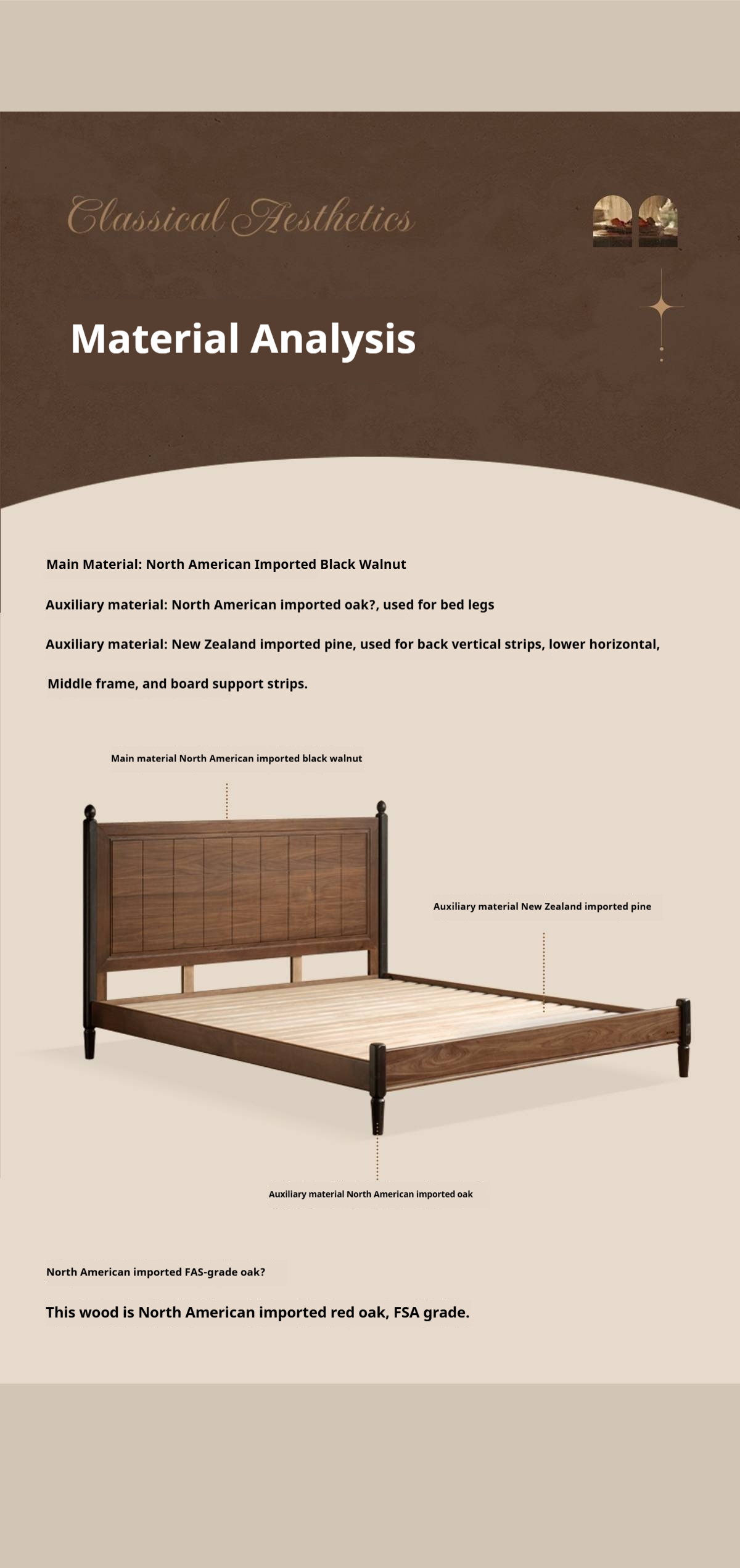 Black Walnut Solid Wood Four Poster Bed with Grid Panel Headboard