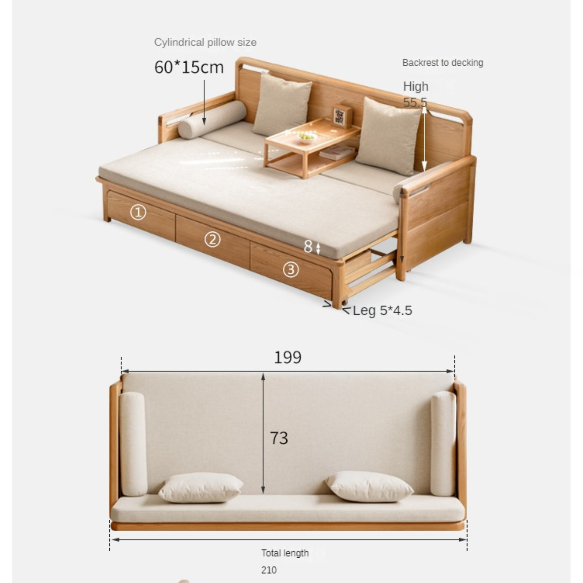 Oak Foldable Sofa Bed New Multifunctional Storage: