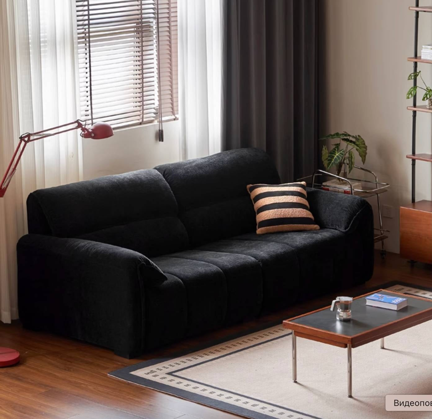 Piano-Key Black Chenille Sofa with Elephant-Ear Design