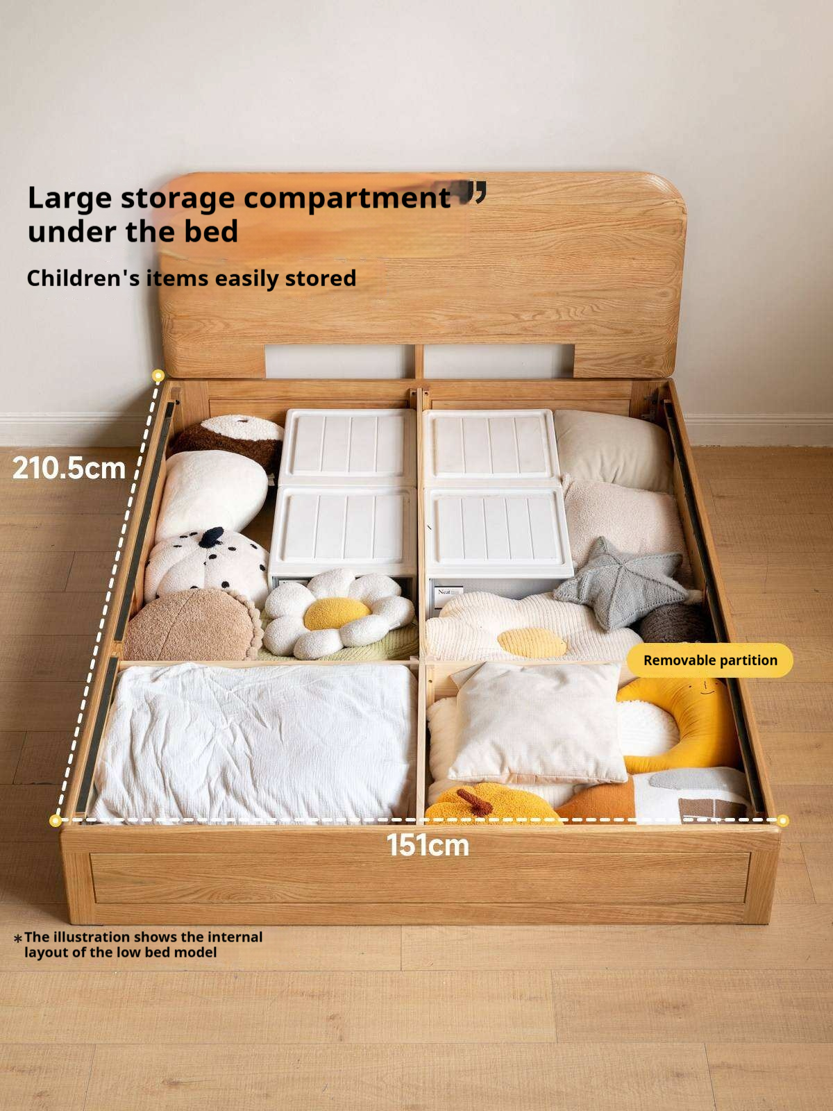 Oak Solid Wood Kids Storage Bed with End-Lift Opening