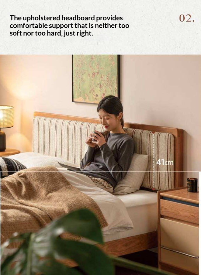 Cherry Solid Wood Bed with Modern Minimalist Design and Genuine Leather Headboard