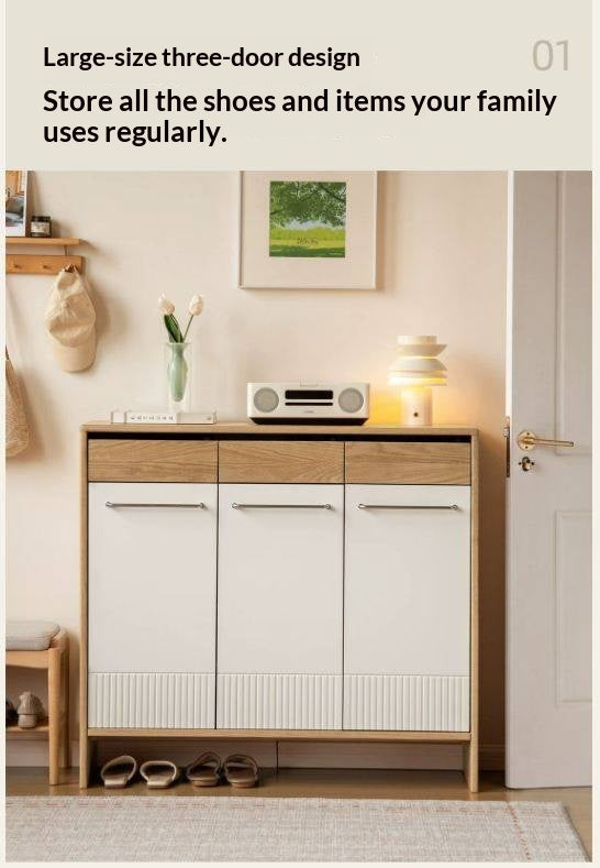Oak Solid Wood Large Capacity Shoe Storage Cabinet with Fluted Panel Doors and Adjustable Shelves