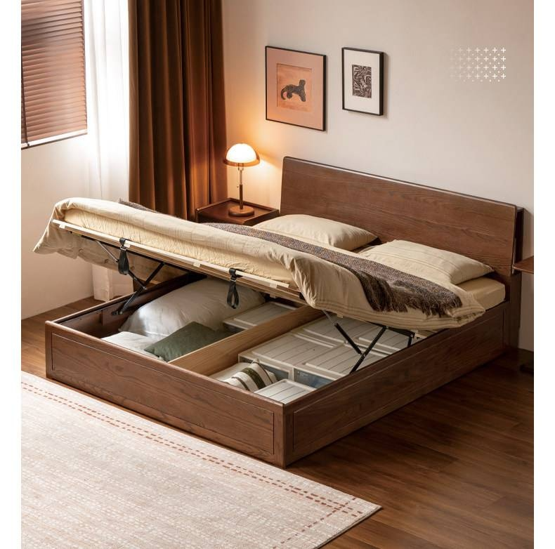 Oak, Rubberwood Solid Wood,  Multifunctional Storage Box Bed