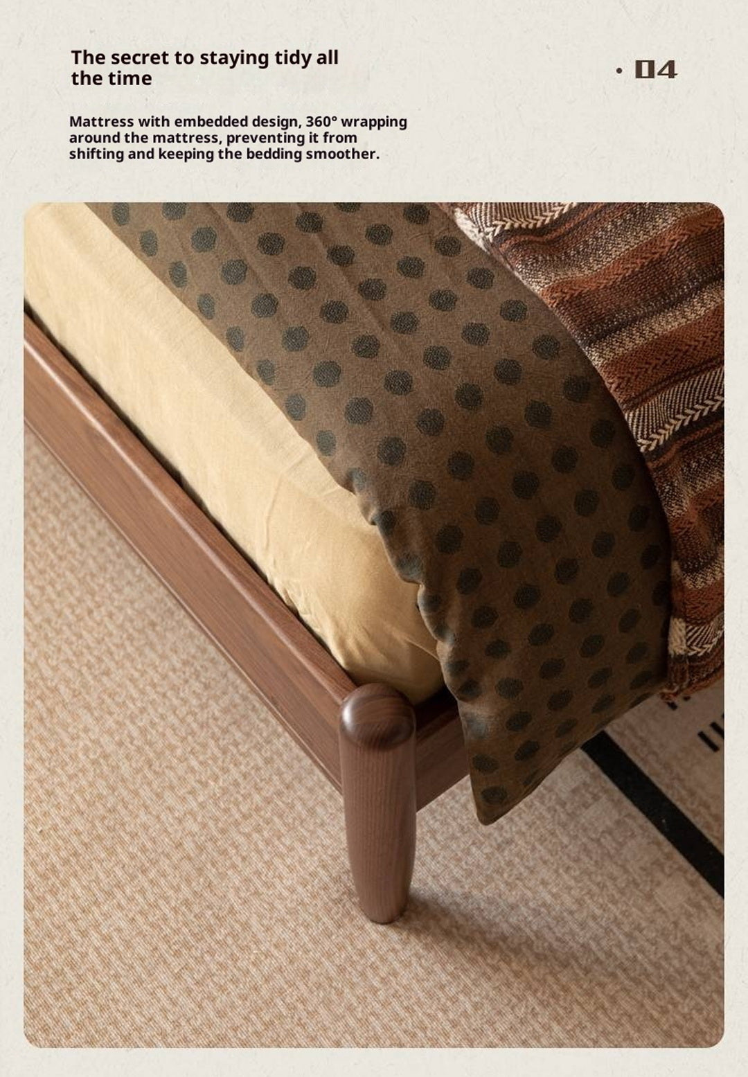 Black Walnut Solid Wood Bed with Carved Polka Dot Headboard