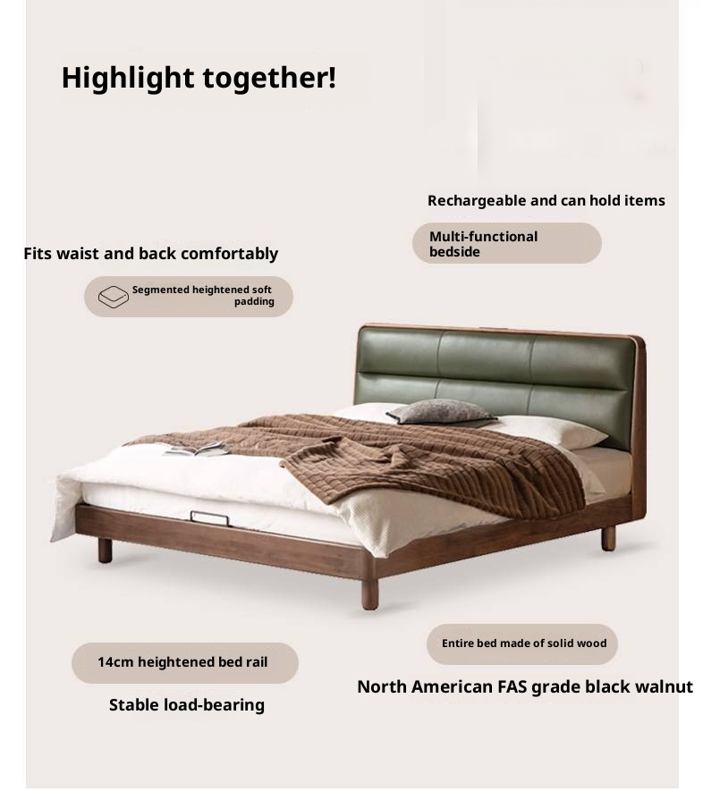 Black Walnut, Teak Solid Wood Luxury Genuine Leather Bed