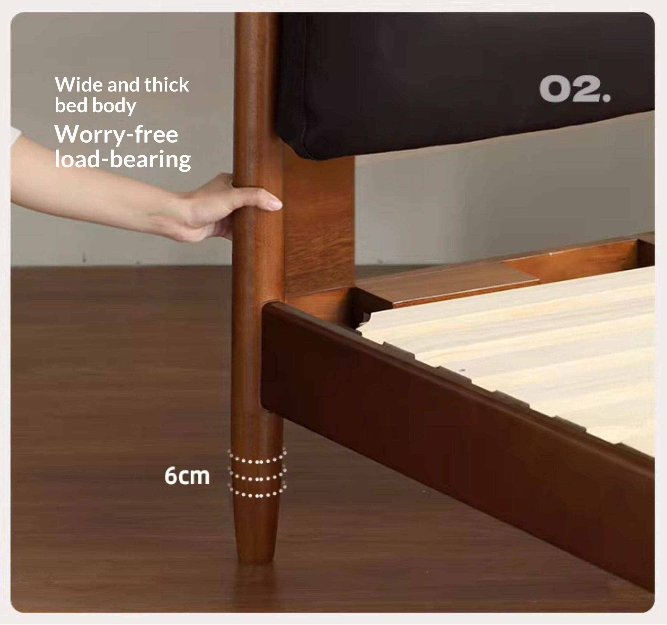 Poplar Solid Wood Mid Century Leather Bed with Padded Headboard