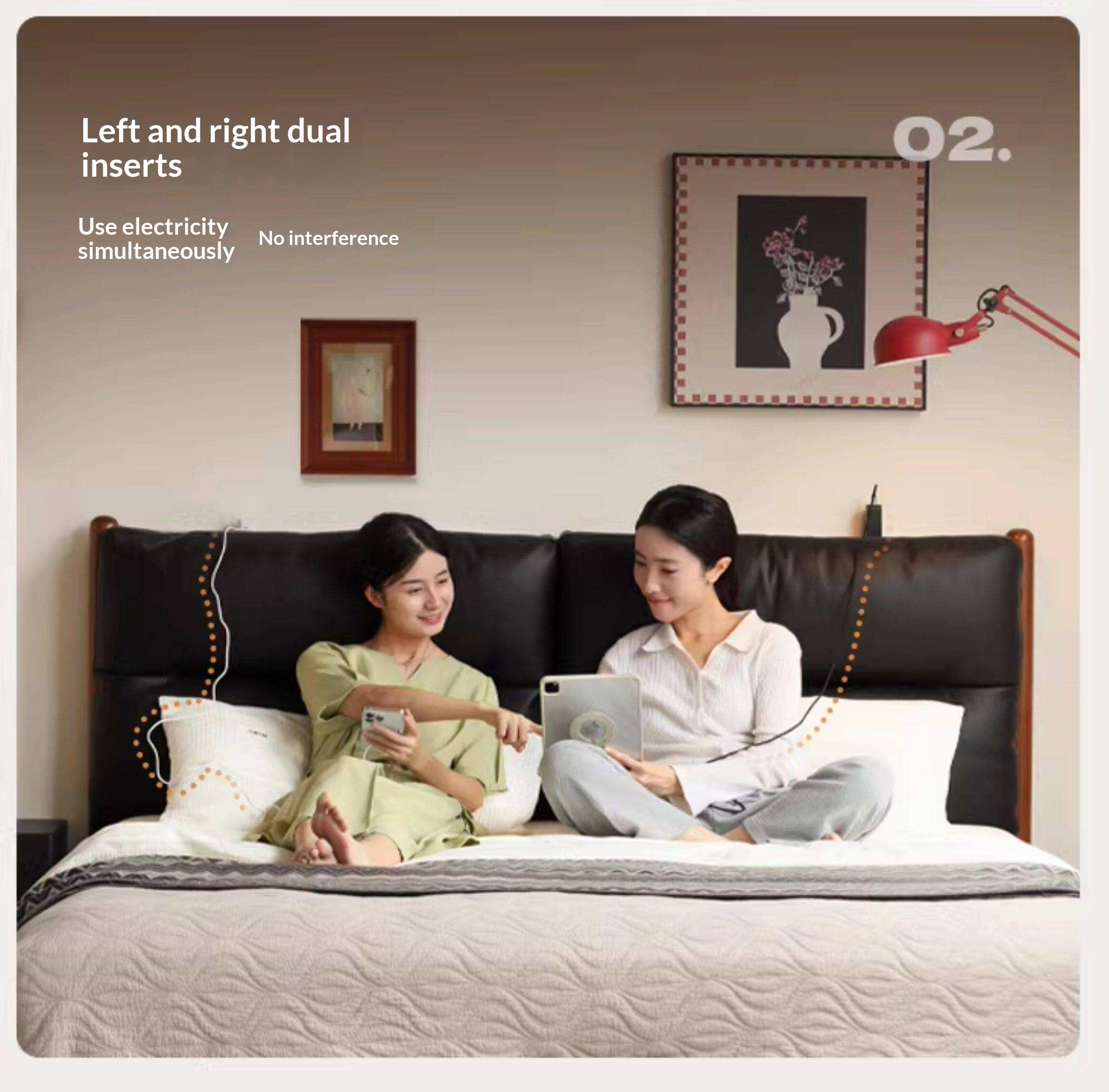 Poplar Solid Wood Mid Century Leather Bed with Padded Headboard