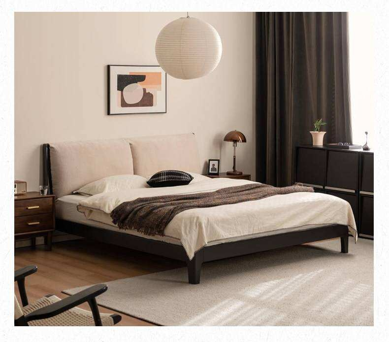 Rubberwood Solid Wood Genuine leather, Fabrics Simple Soft Double Bed