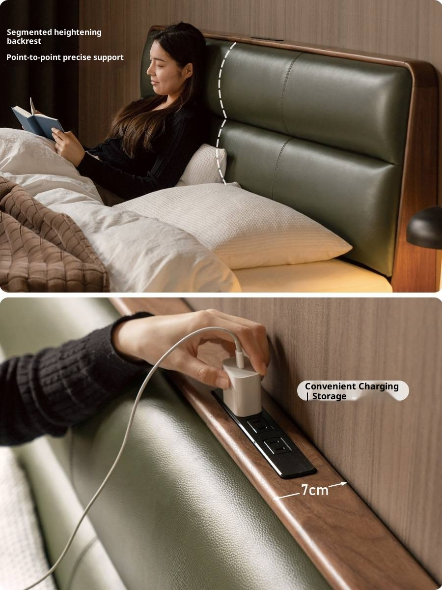 Black Walnut, Teak Solid Wood Luxury Genuine Leather Bed