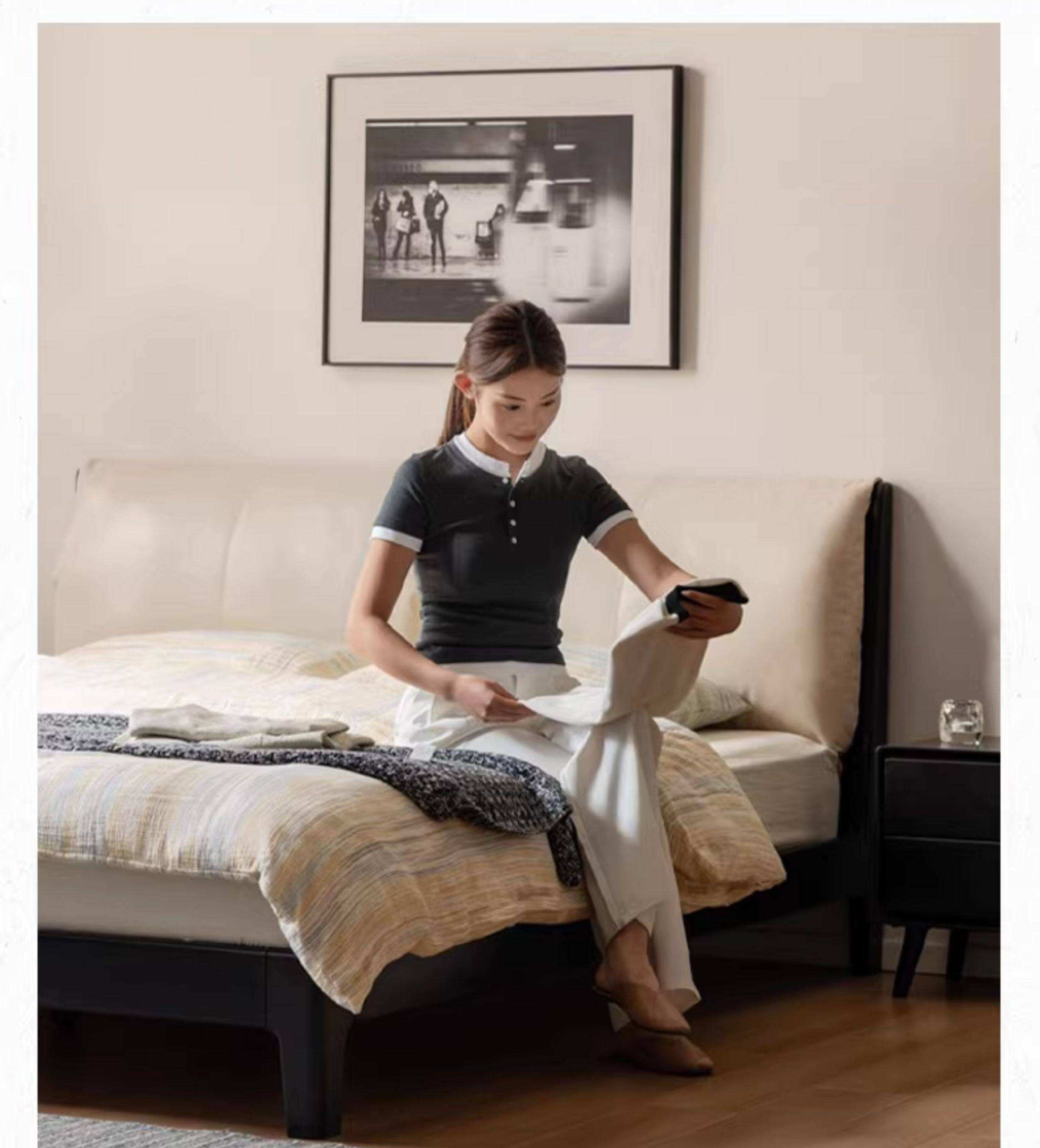 Rubberwood Solid Wood Genuine leather, Fabrics Simple Soft Double Bed