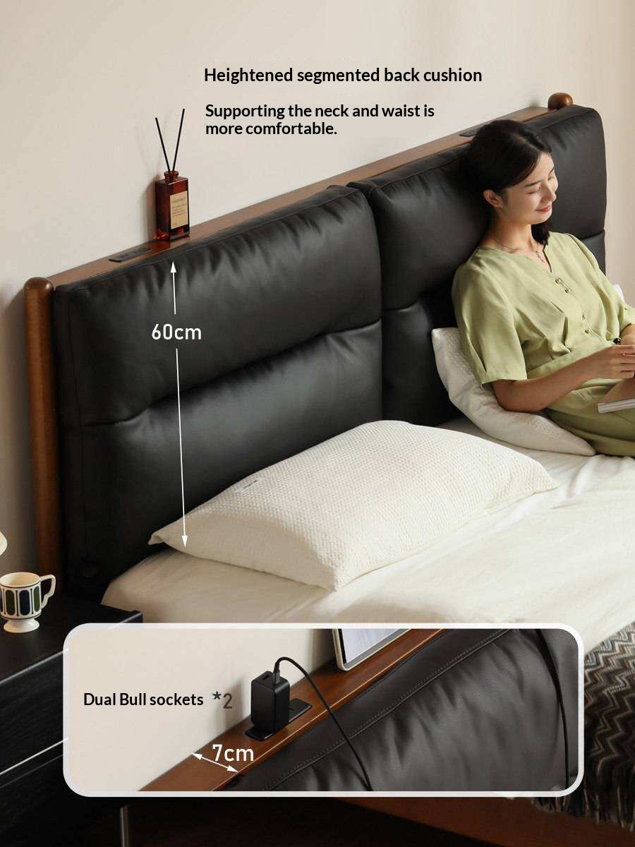 Poplar Solid Wood Mid Century Leather Bed with Padded Headboard